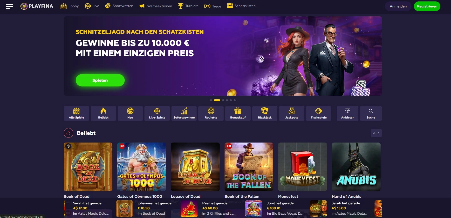 Überblick der Playfina Casino Hauptseite